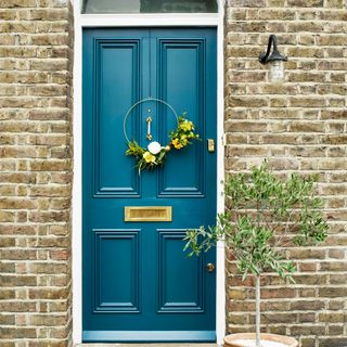 blue front door with plant light panelled wall