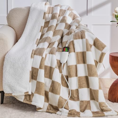 Light Brown Heated Throw Blanket Electric, 50x60 Heating Blanket With 10 Heat Levels &amp;amp; 8 Hours Auto Off for Lap, Checkered Plaid Soft Sherpa Blankets Warmer Gifts for Couch Grandma Women Adults, Etl