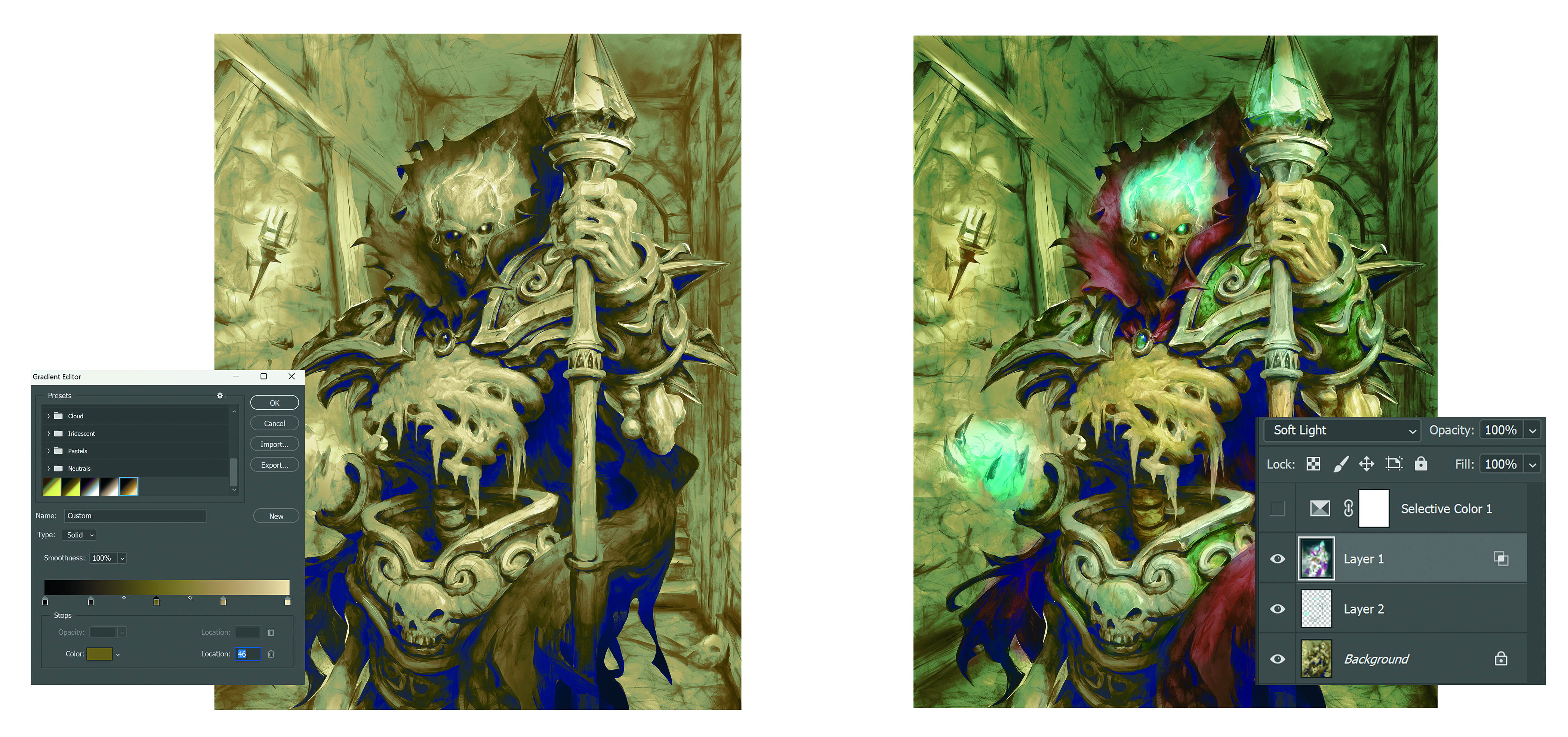 Digital art showing fantasy character card art in progress