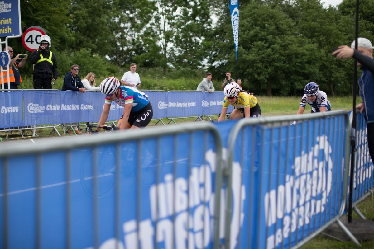 Marianne Vos (NED) of Rabo-Liv Cycling Team sprints at the intermediate sprint, followed by Lizzie Armitstead (GBR) of Boels-Dolmans Cycling Team and Lotta Lepist&ouml; (FIN) of Cerv&eacute;lo-Bigla Cycling Team during stage 4 of the Aviva Women's Tour