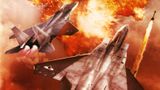 Ace Combat Zero art of two planes flying above a fiery explosion