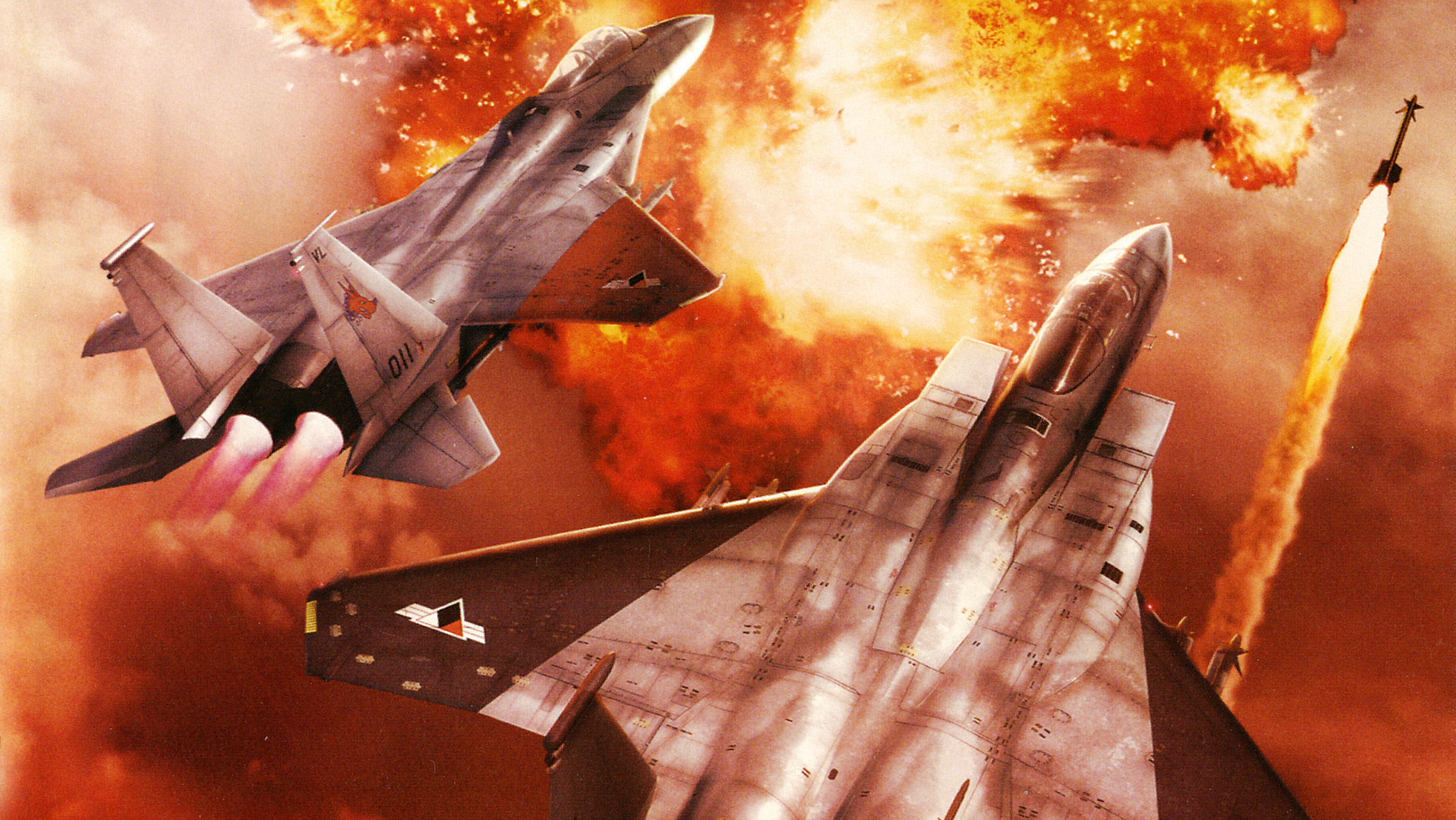 Ace Combat Zero art of two planes flying above a fiery explosion