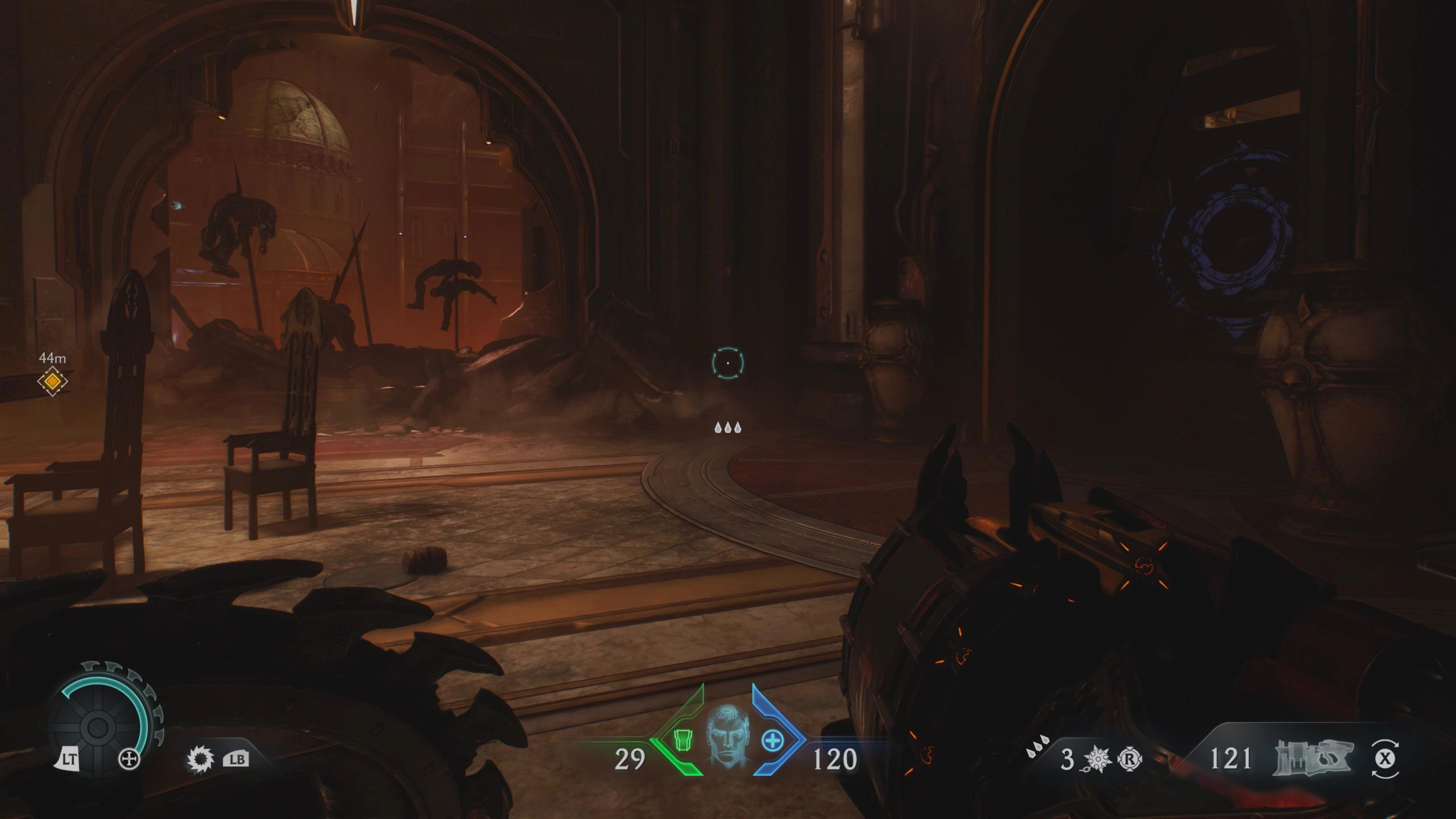 Doom: The Dark Ages Siege Part 2 secrets - A wooden barricade hidden in a wall of a grand room.