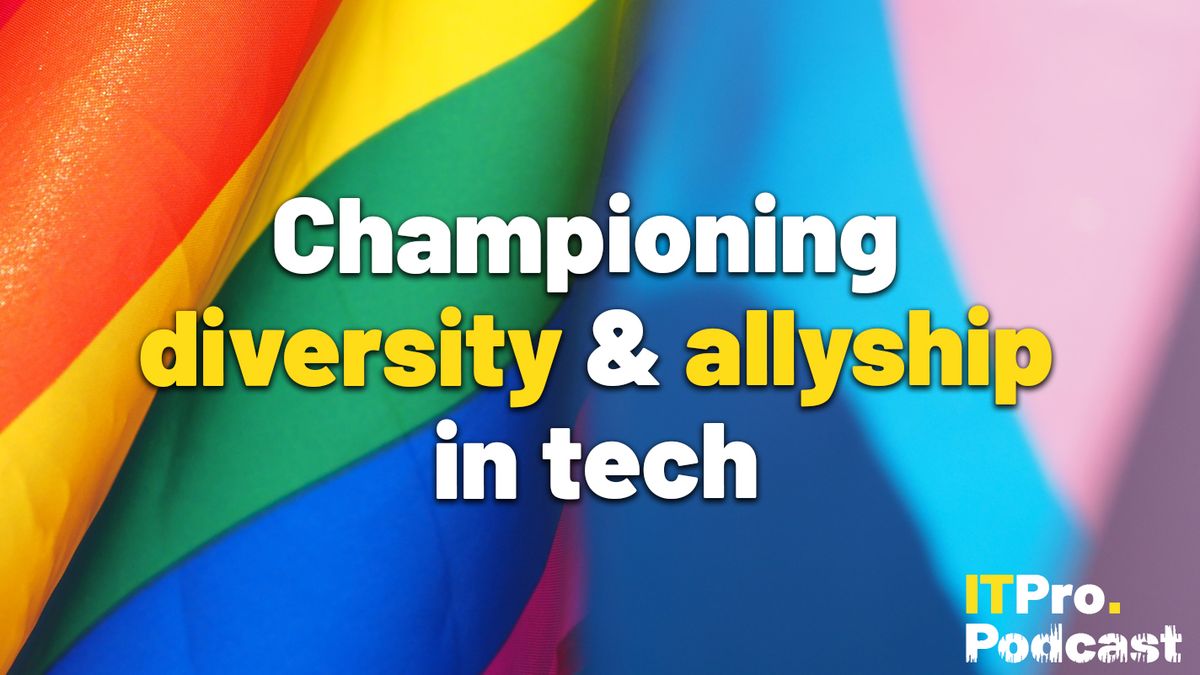 The words &#039;Championing diversity &amp; allyship in tech&#039; with ‘diversity &amp; allyship’ highlighted in yellow and the other words in white, against a telephoto shot of the pride flag.