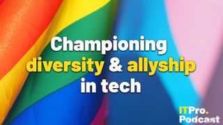 The words 'Championing diversity & allyship in tech' with ‘diversity & allyship’ highlighted in yellow and the other words in white, against a telephoto shot of the pride flag.