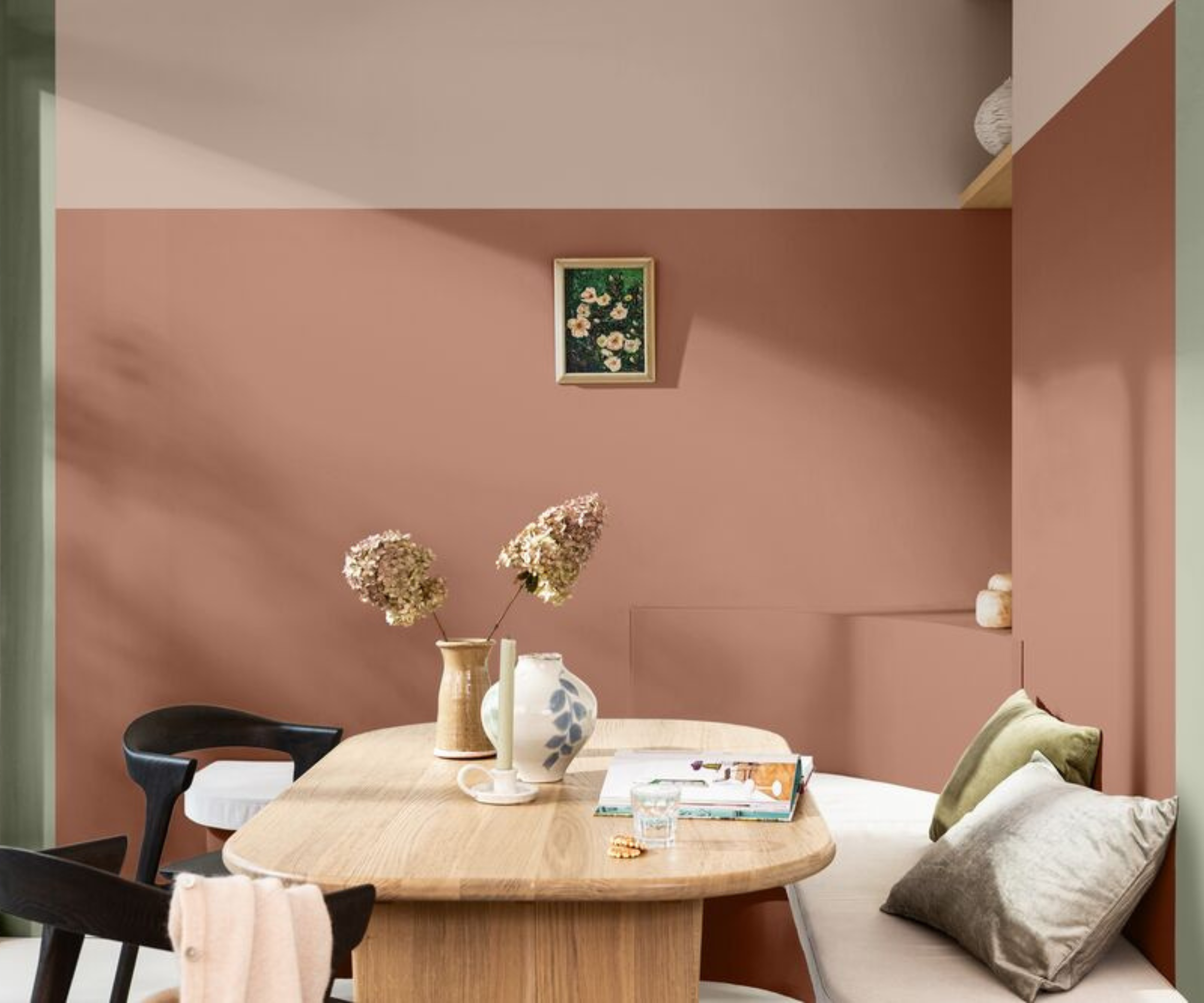 Modern, colorful dining room painted in Dulux's soulful sage
