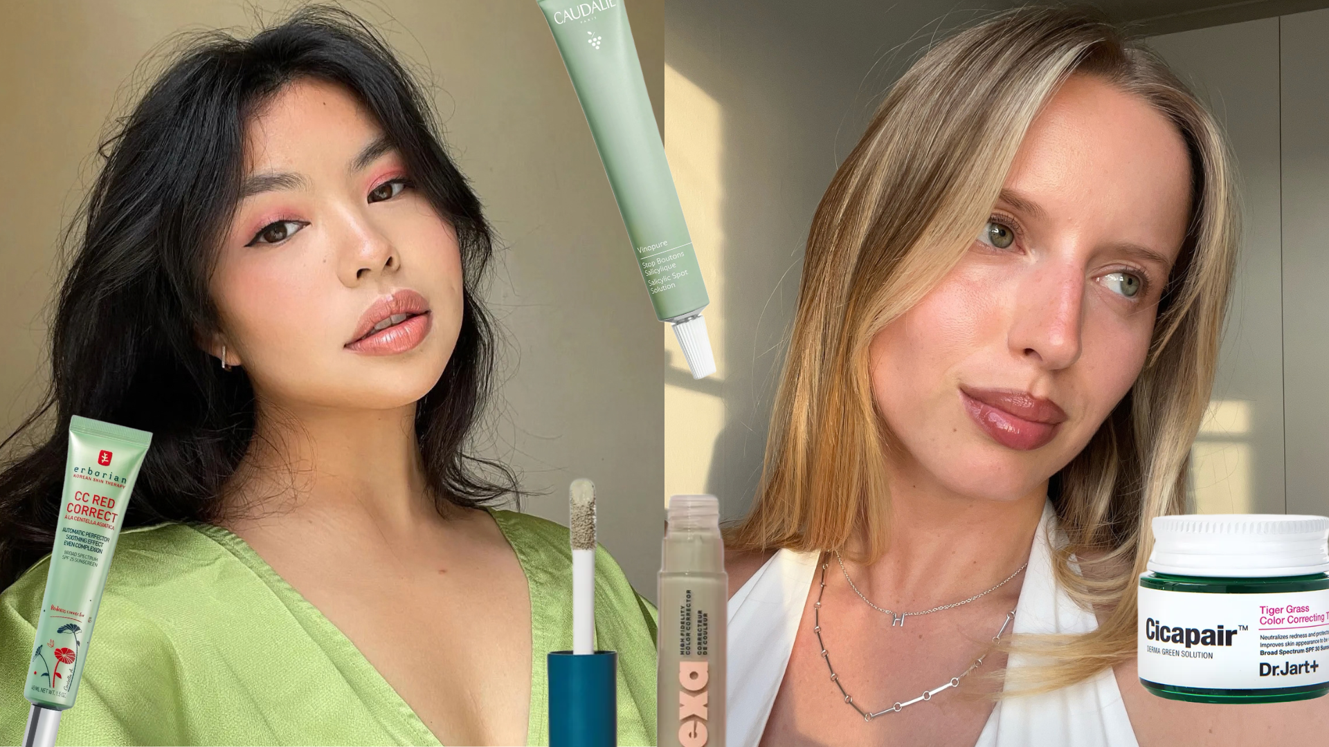 Collage of two women wearing makeup with bottles of green concealer scattered throughout