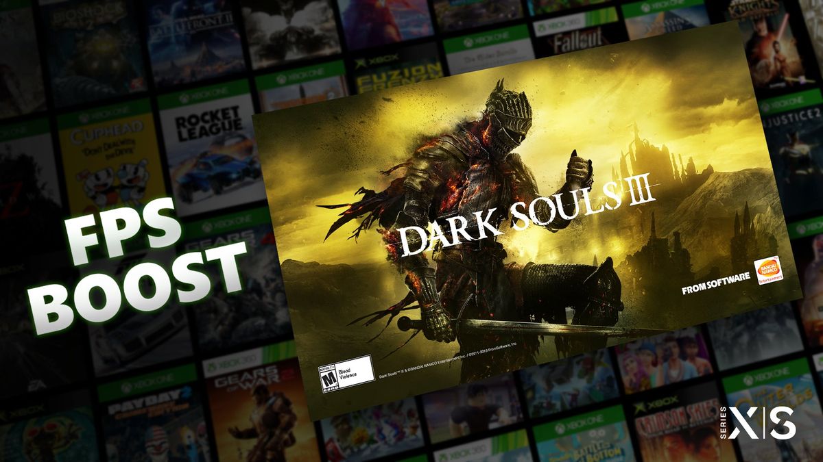 A banner for Dark Souls 3 next to the words FPS Boost, in front of a background of game cover art for various titles