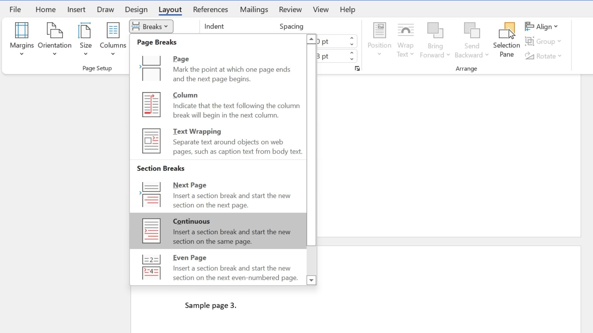 Screenshot of Section breaks menu in Microsoft Word