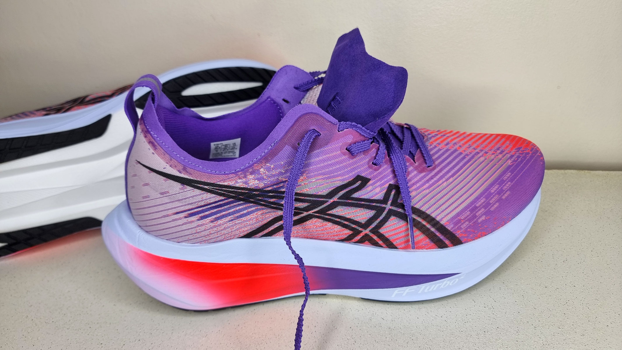 A close-up picture of our reviewer's Asics Megablast running shoes