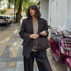 @juliesfi wearing brown blazer, jumper and silk trousers