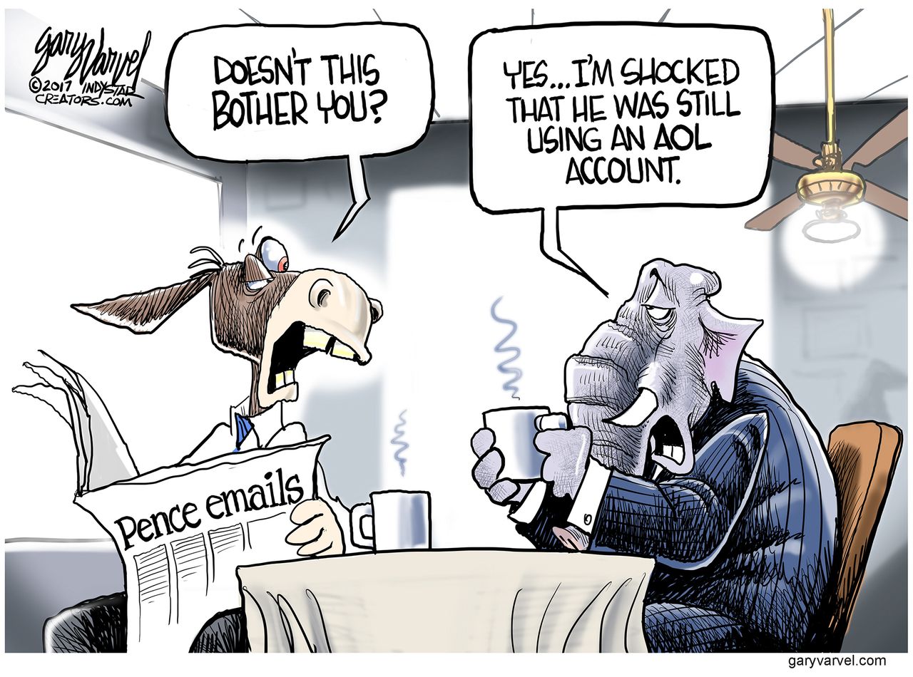 Political Cartoon U.S. Pence emails bother Democrats Republican AOL account