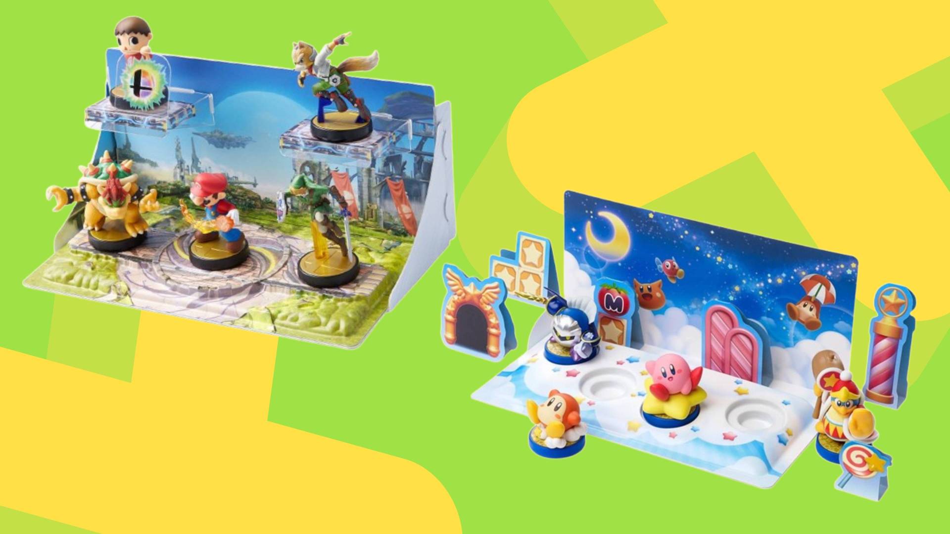 Image of two of Nintendo's amiibo dioramas on a green GamesRadar+ background.