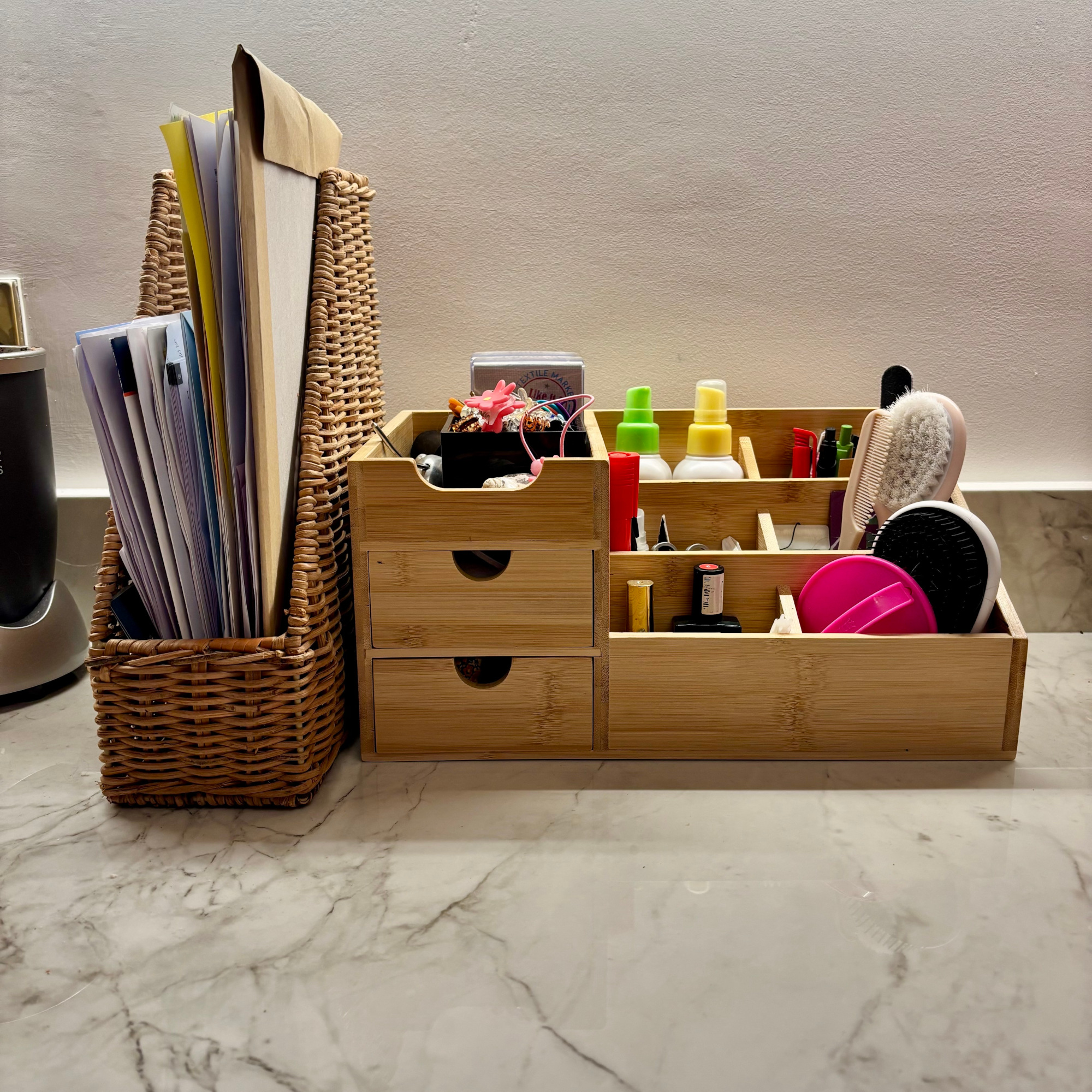 small wooden organiser and document holder on worktop