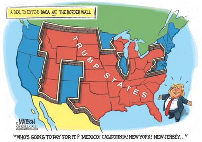 Political cartoon U.S. Trump border wall immigration Mexico red states