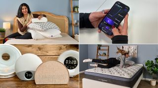 A collage of four images. A woman sitting on bed with stack of pillows (top left). A iPhone in hand displaying Rise Sleep app (top right). Four sunrise alarm clocks on wooden surface (bottom left). A woman jumping on Helix mattress in sleep studio (bottom right). 