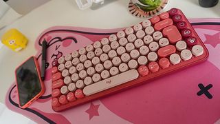 Artist studio; Karla Diaz, a bright pink computer keyboard
