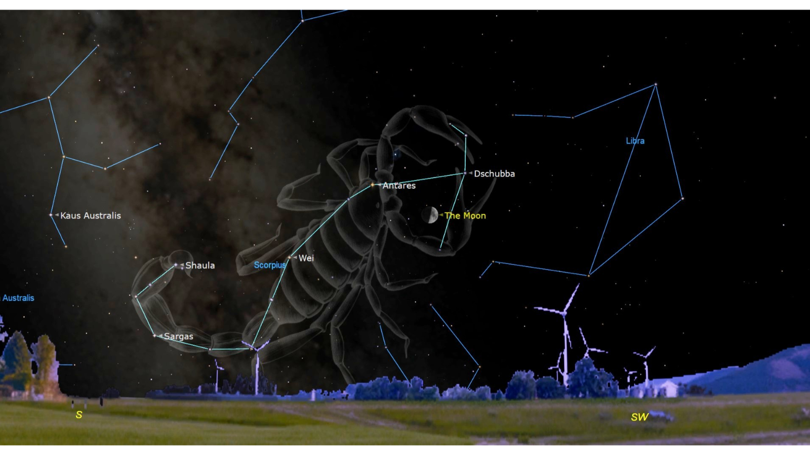A star map of the constellation Scorpius with the moon shining to the lower right of Antares.