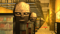 Unnerving floating heads in hazy yellow convenience store.