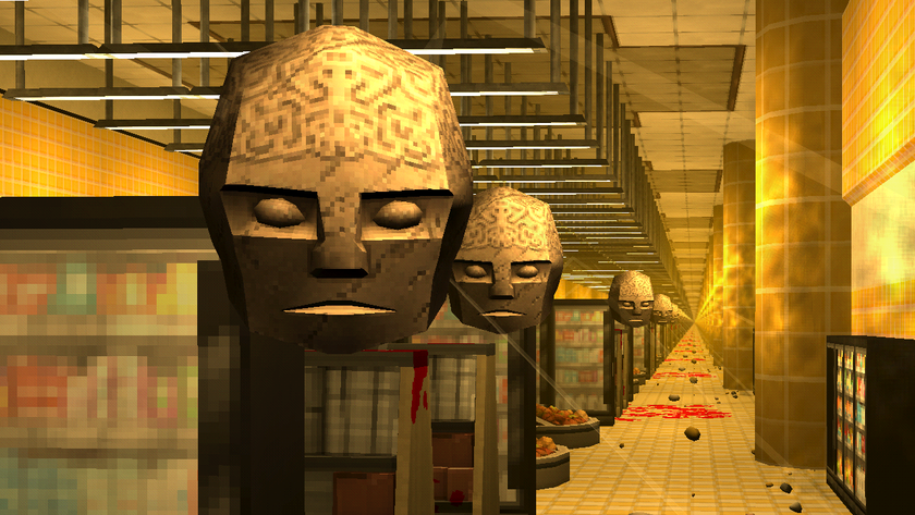 Unnerving floating heads in hazy yellow convenience store.