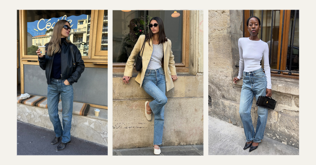 Three images of French influencers wearing mid-wash blue stovepipe jeans and various shoes, including black boots, cream ballet flats and black kitten heels.