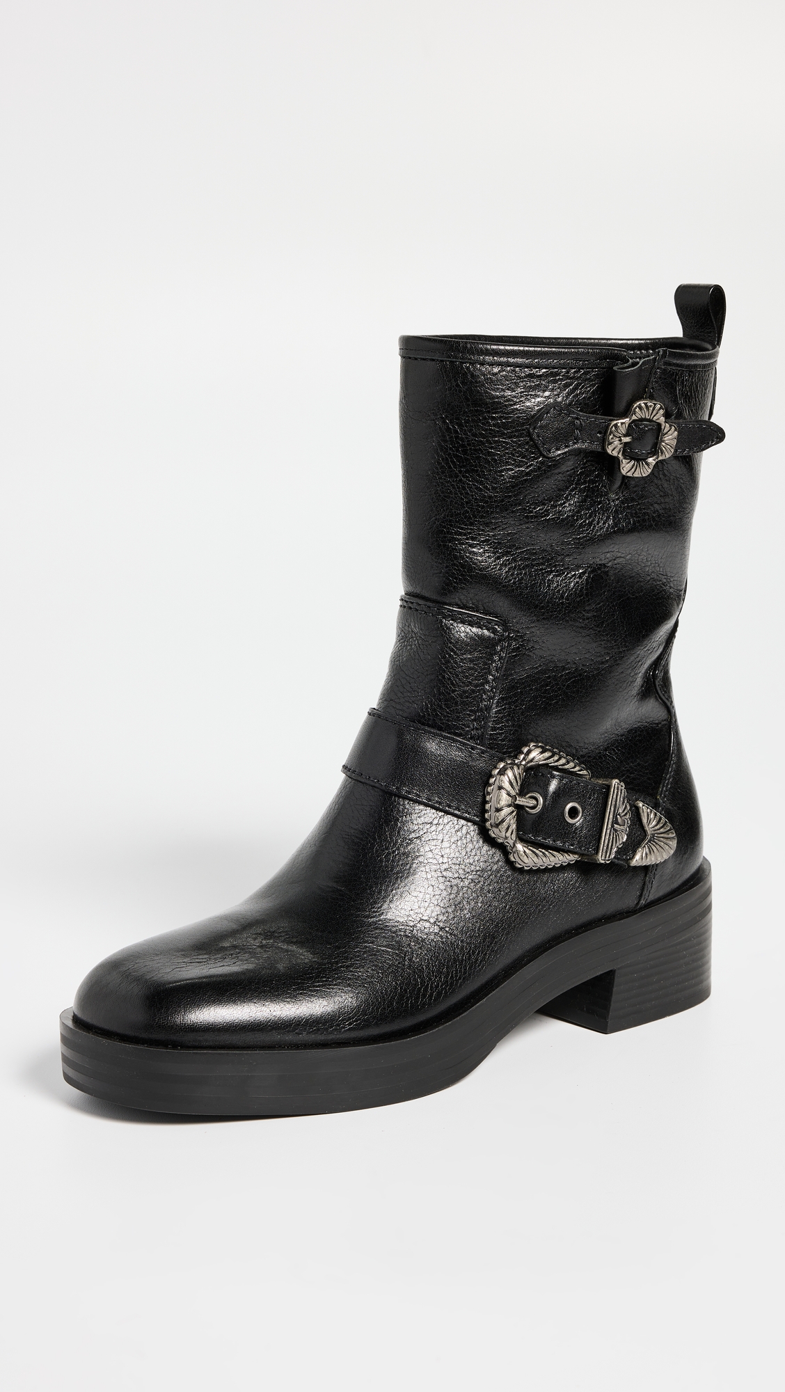 black biker boots for women with buckle details