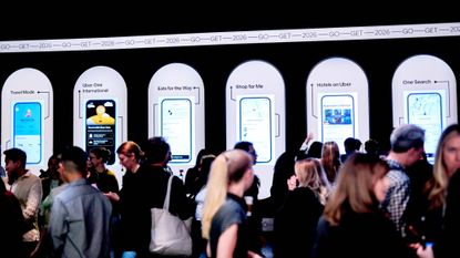Uber&rsquo;s new features are displayed during the company&rsquo;s event in New York City on April 29.
