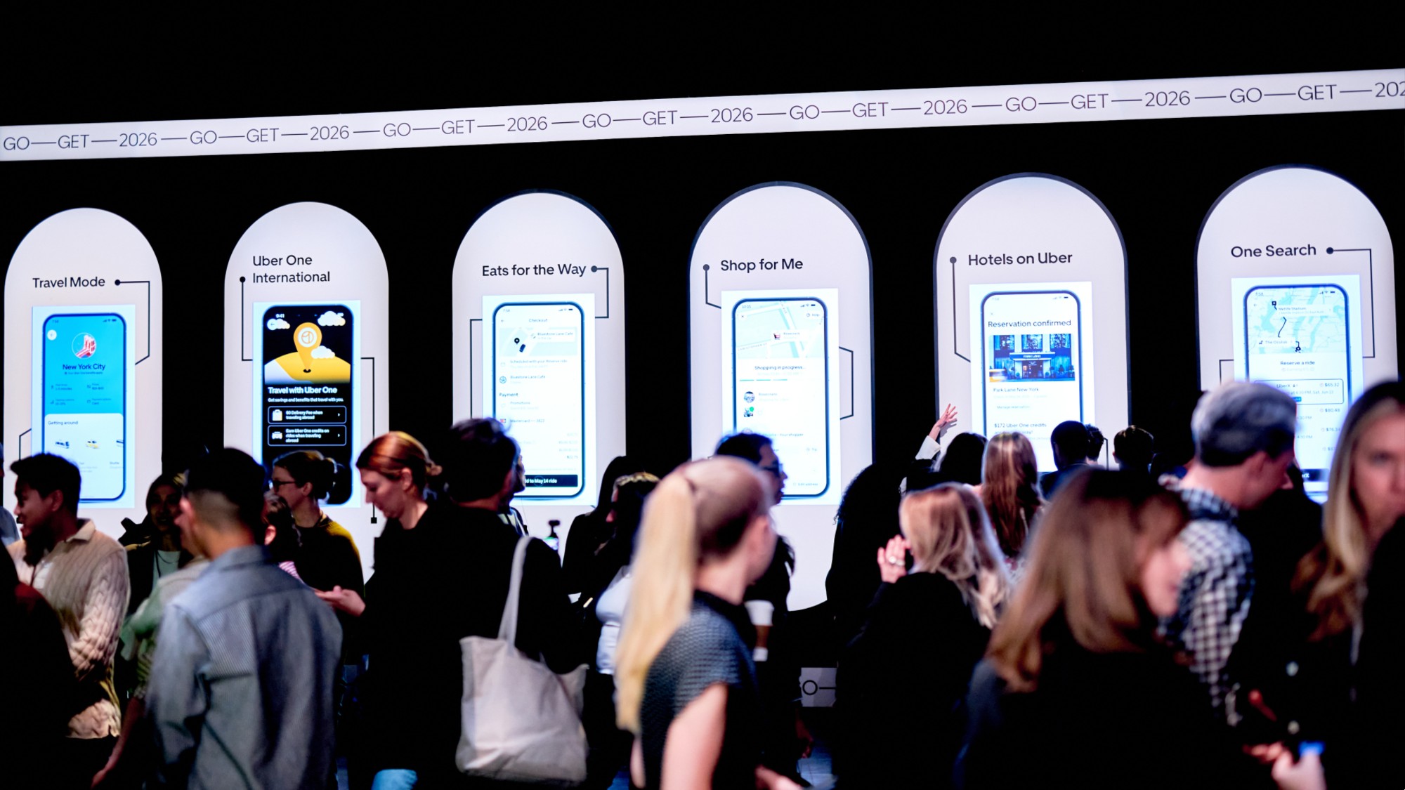 Uber&rsquo;s new features are displayed during the company&rsquo;s event in New York City on April 29.