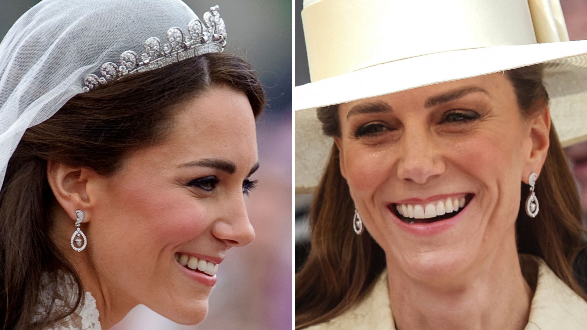 A picture of Kate Middleton wearing her wedding earrings on her wedding day next to a picture of her wearing them on Garter Day 2026