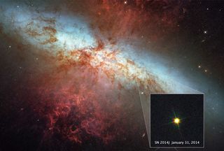 The supernova SN 2014J is seen (inset) in this Hubble Space Telescope photo captured on Jan. 31, 2014. The supernova, which was discovered on Jan. 21, is in the M82 galaxy about 11.5 million light-years from Earth. Scientists are using the supernova to le