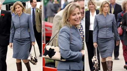 Composite of pictures of Duchess Sophie wearing a cow print shoulder bag at the Bath and West Dairy Show in 2005