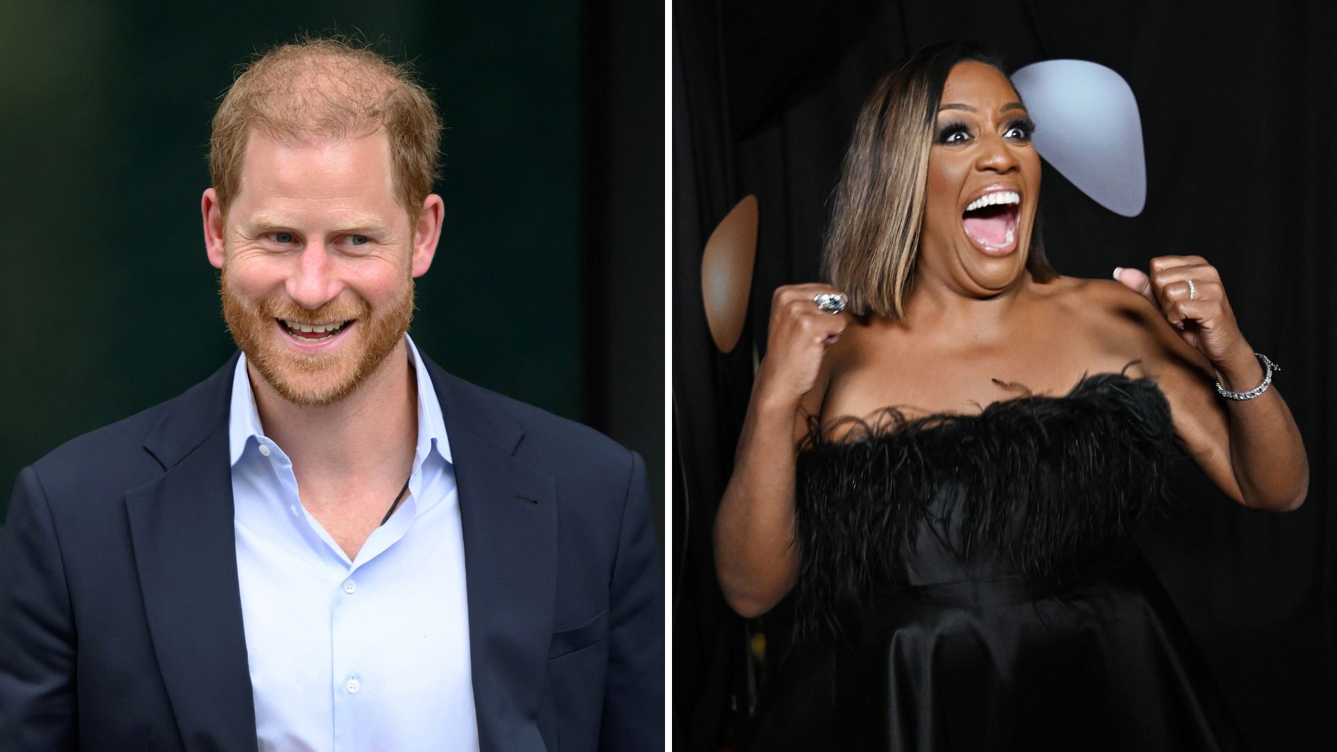 A composite of a picture of Prince Harry and a picture of Alison Hammond looking happy at the NTAs