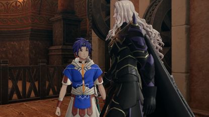 Cai looks up at Dietrich with wide eyes in Fire Emblem: Fortune's Weave