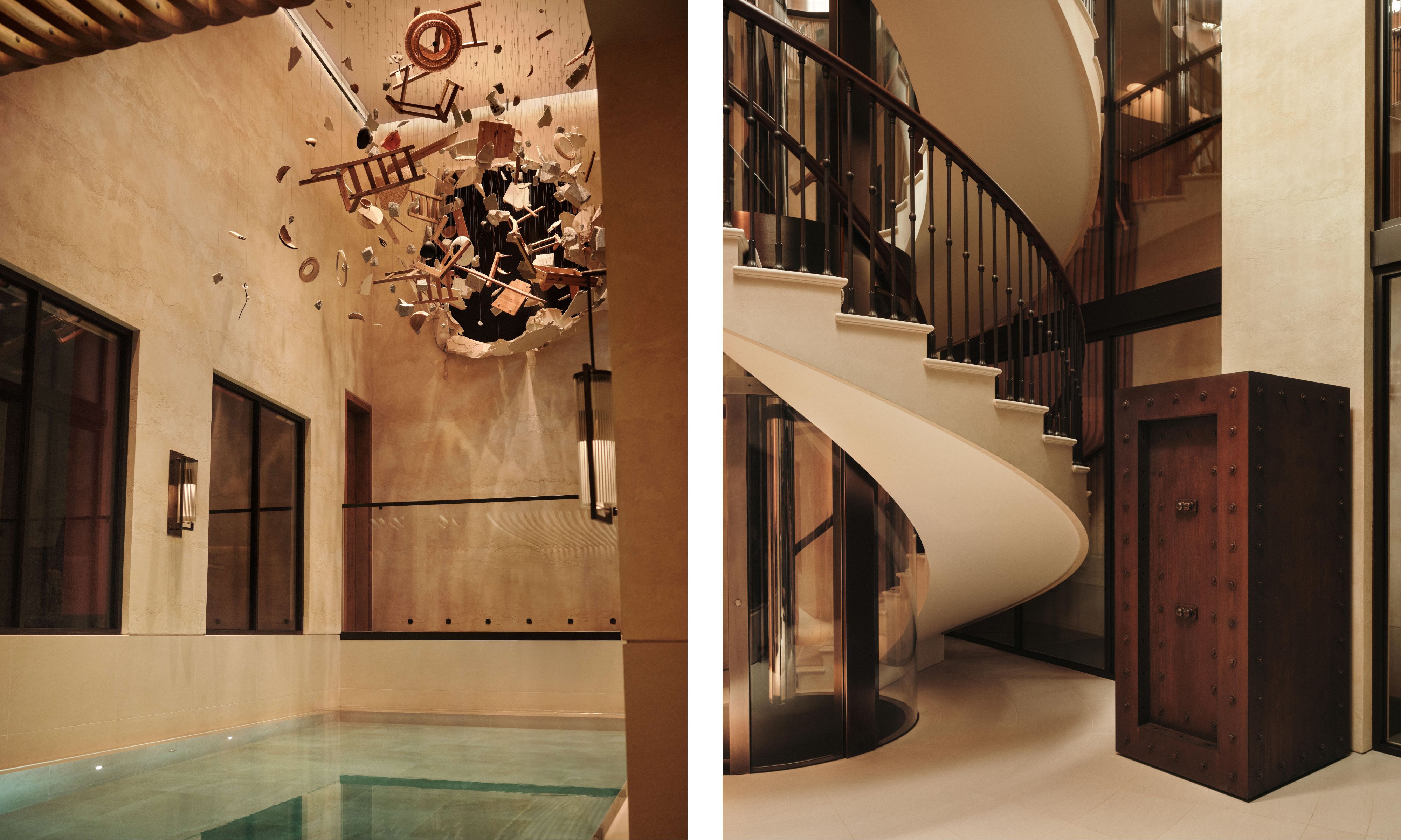 Left image: modern indoor swimming pool with plaster walls and an art piece hanging above. Right image: stairwell with a spiral staircase and a glass elevator in between
