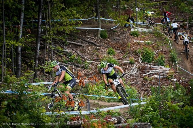 Jose Hermida and Thomas Litscher racing at the Mont-Sainte-Anne World Cup