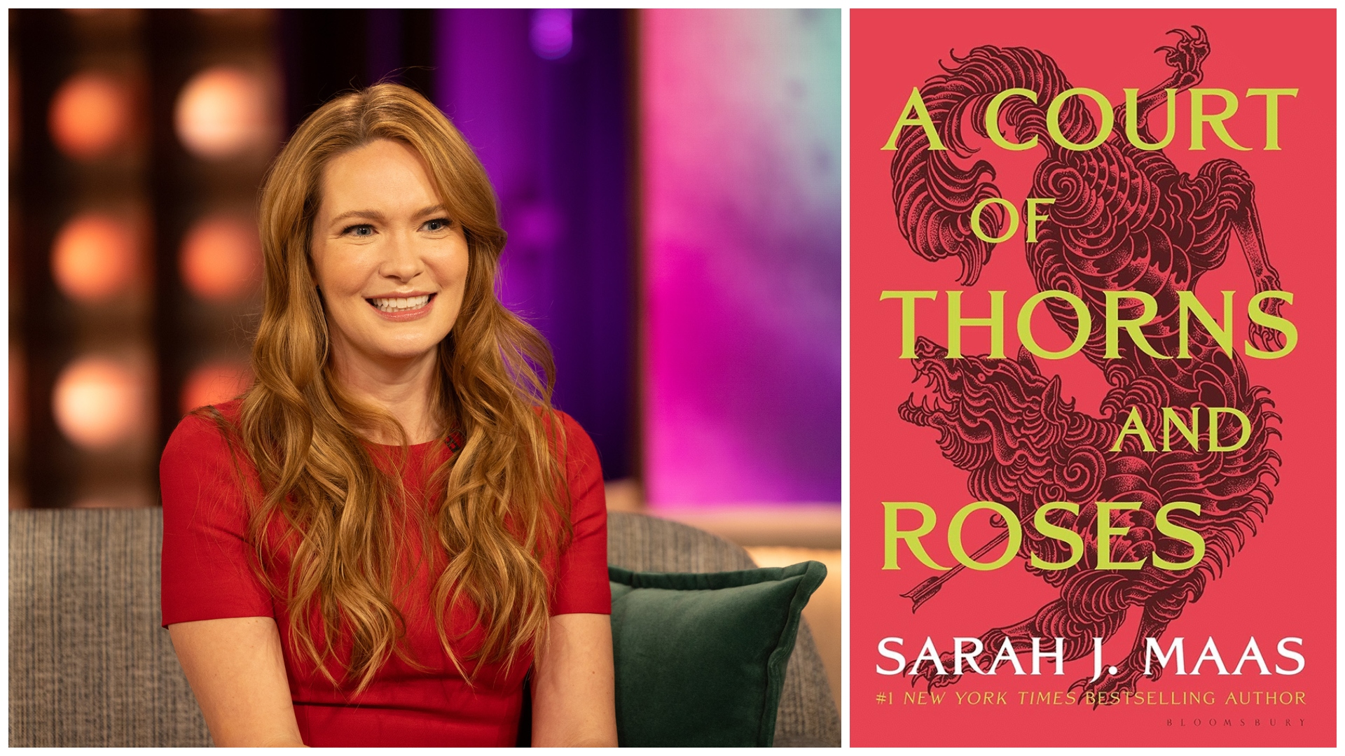 a photo of author sarah j maas on the kelly clarkson show and the cover of acotar book 1