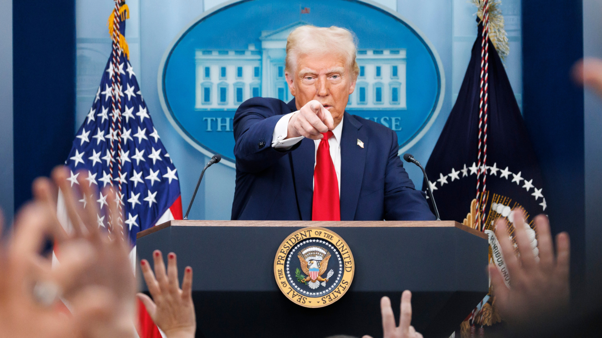 President Donald Trump speaks at a White House press briefing after a Black Hawk helicopter collided with American Airlines flight 5342 by DCA airport.