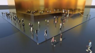 3D scene of people walking around a sleek office complex