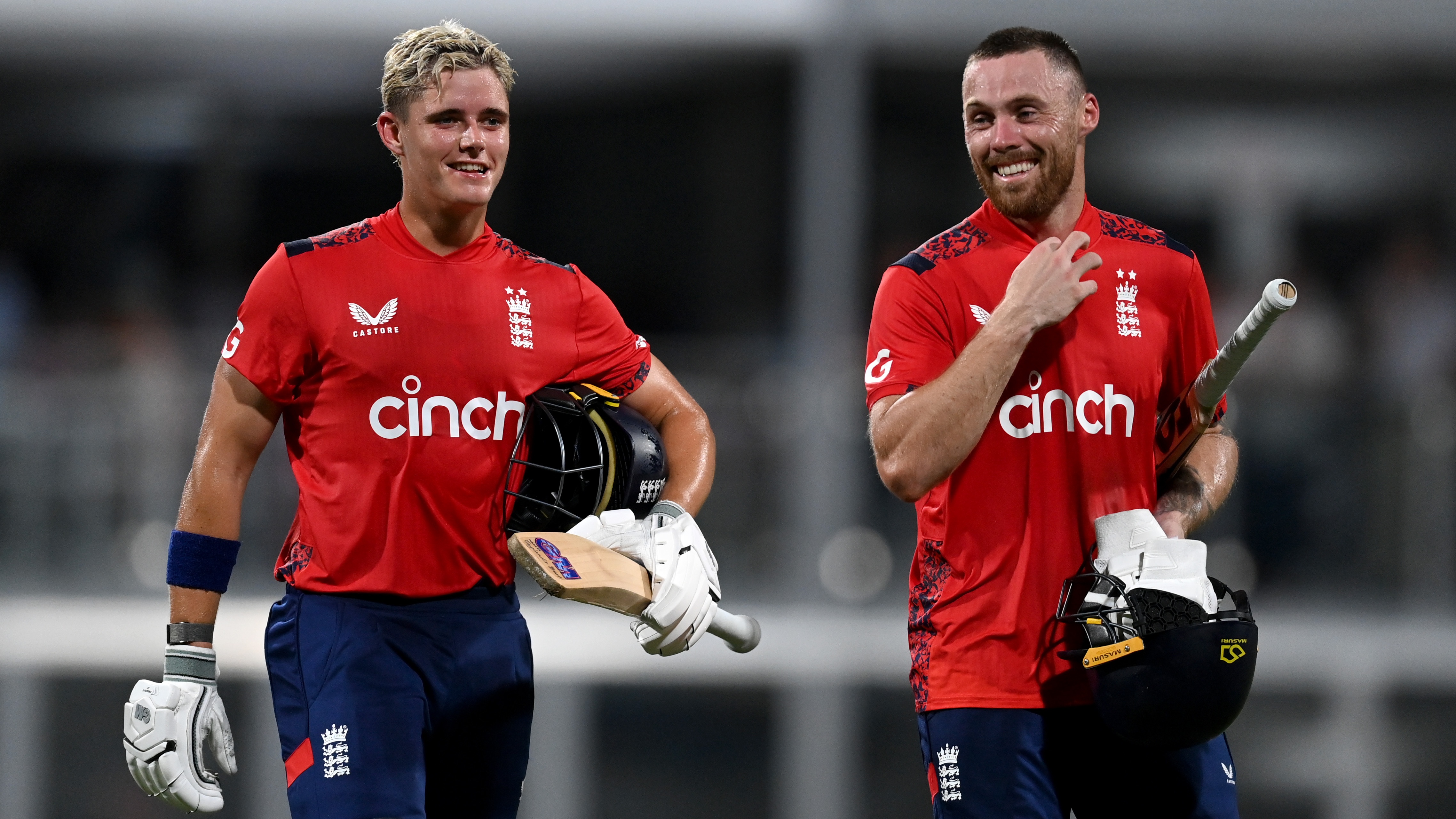 Phil Salt and Jacob Bethell of England celebrate winning the 1st T20 International between the West Indies and England at Kensington Oval on November 09, 2024 in Bridgetown, Barbados.