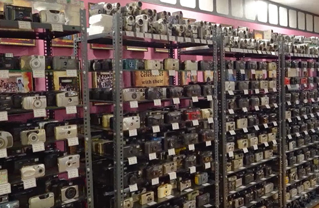 A photograph of hundreds of compact cameras on shelves, captured within Dr Arun’s Camera Museum