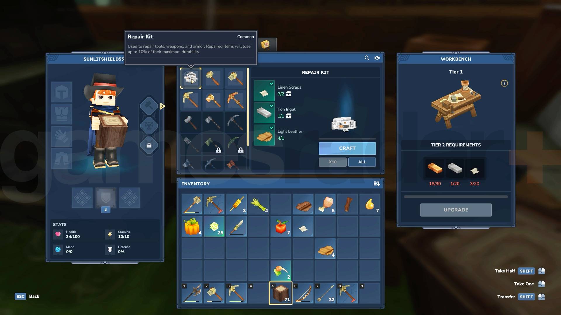 Selecting a hytale repair kit in the crafting menu to see what's needed