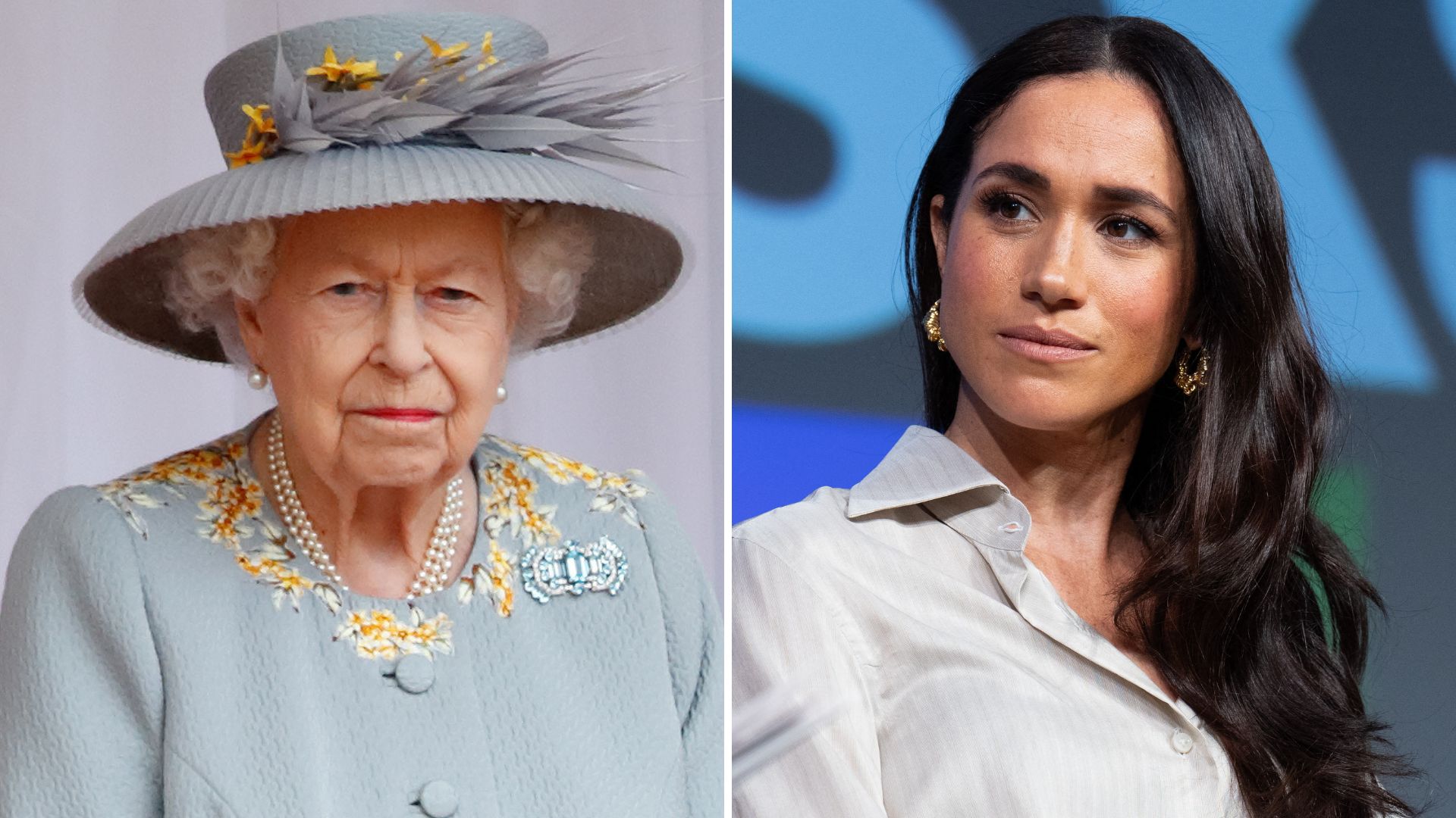 A composite of a picture of Queen Elizabeth in 2021 and a picture of Meghan Markle in 2024