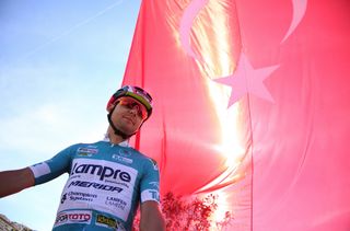The Turkish flag shades Tour of Turkey race leader Kristijan Durasek in 2015