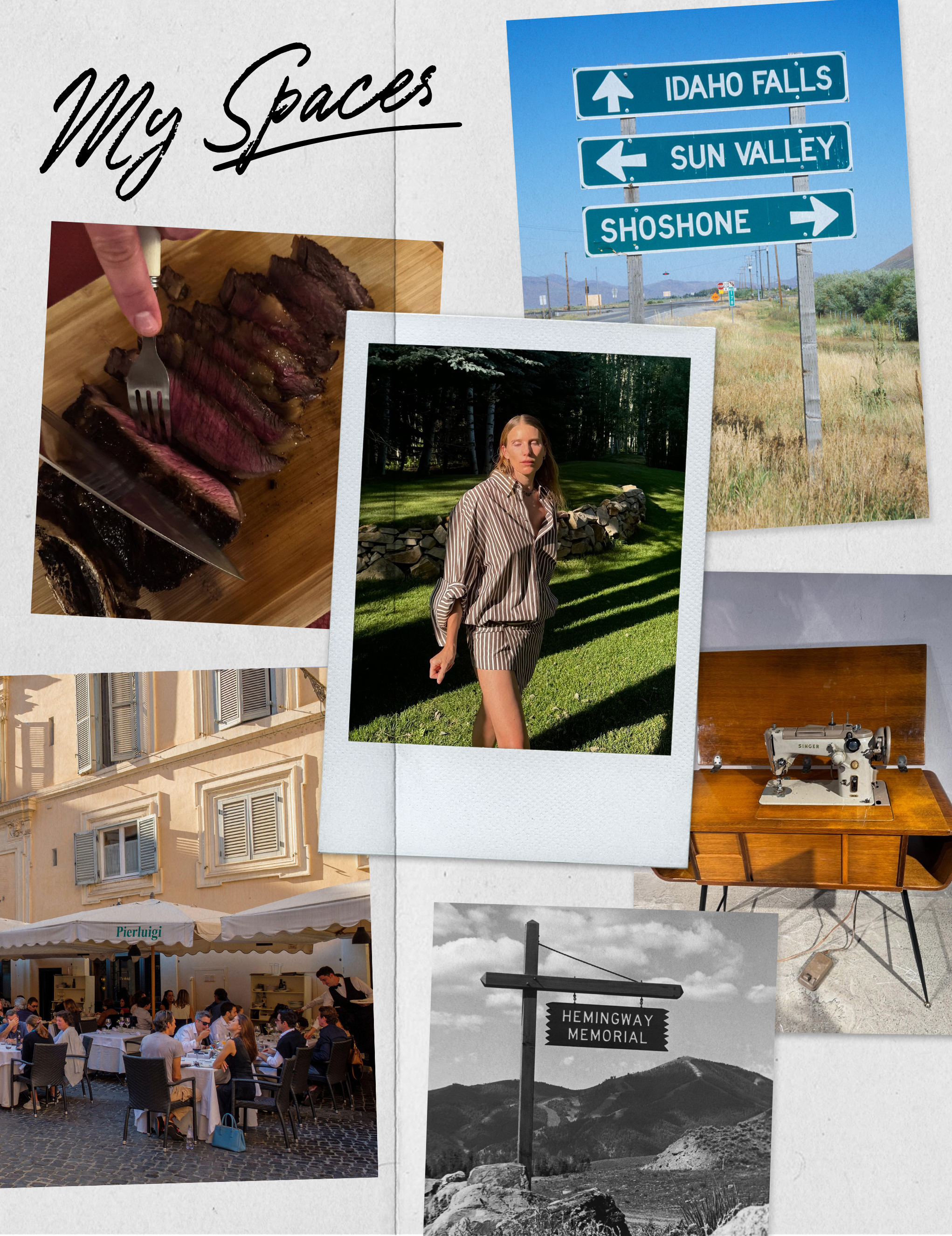 Collage of Dree Hemingway favorite places for My World.