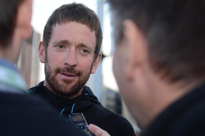 Bradley Wiggins (Team Sky) chats to the press