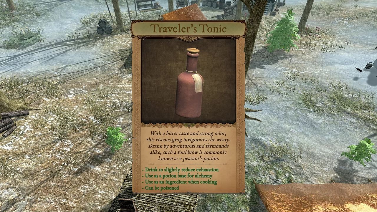 zoom in of a "traveler's tonic" in mortal crux, 3d model of potion on a parchment-like UI