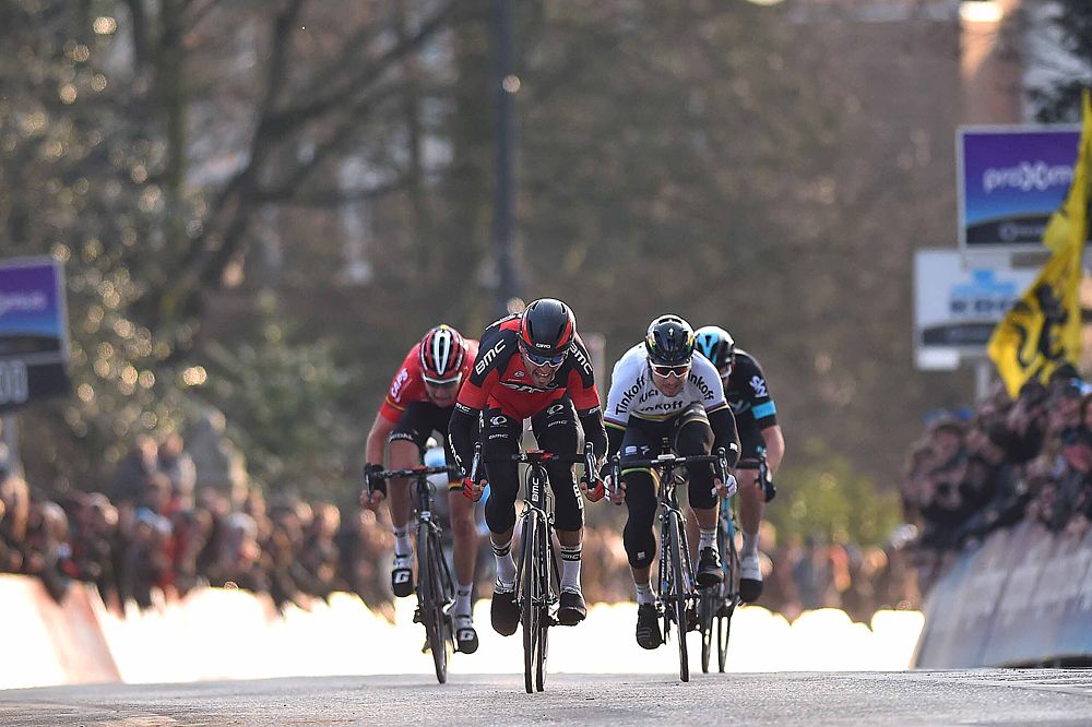 Greg Van Avermaet (BMC) and Peter Sagan (Tinkoff) sprint for the line at Omloop Het Nieuwsblad