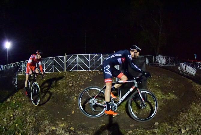 Danny Summerhill (K-Edge Felt) leading Logan Owen around an uphill switchback