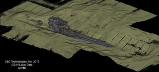 A 3D laser scan of the stern section of the German U-boat, U-166, that sunk in the Gulf of Mexico during World War II. The scan shows the U-boat’s conning tower and the build-up of sediments around the hull. Scientists will use this data to document changes at the shipwreck sites, including areas of hull collapse or weakening, and other site-formation processes.