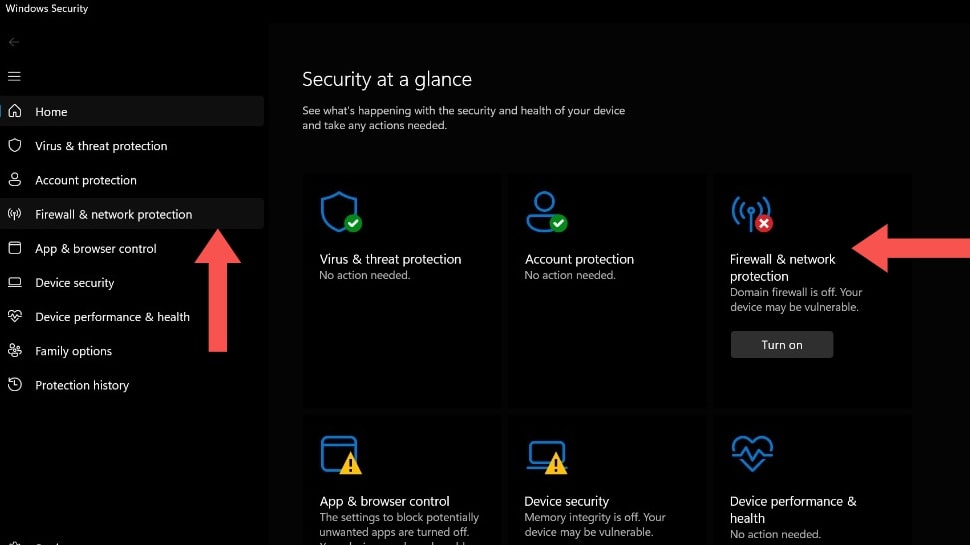 How to select Firewall &amp;amp; network protection on Windows